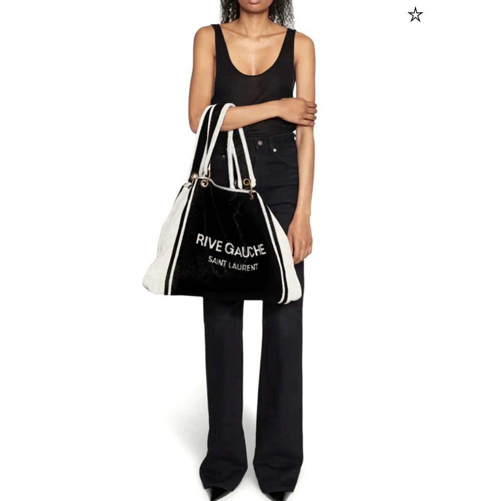 NWT $2100 Saint Laurent Towel Cabas in terrycloth tote in black + light gray